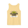 A yellow tank top with an illustration of a sun with shades on with the caption, "California Sober: High & Dry".