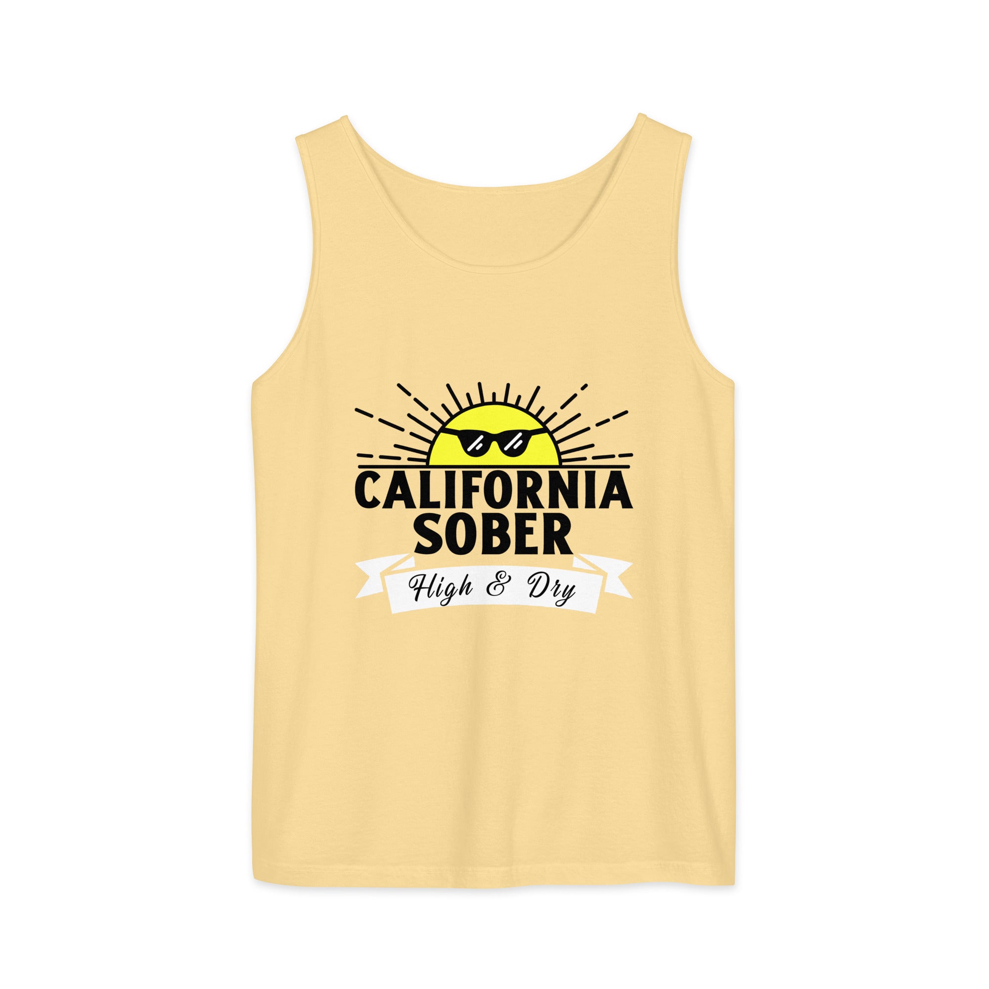 A yellow tank top with an illustration of a sun with shades on with the caption, "California Sober: High & Dry".