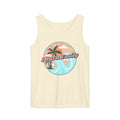 An ivory-colored tank top with an illustration of a beach landscape with waves and palm trees with the caption, "I burn easily".