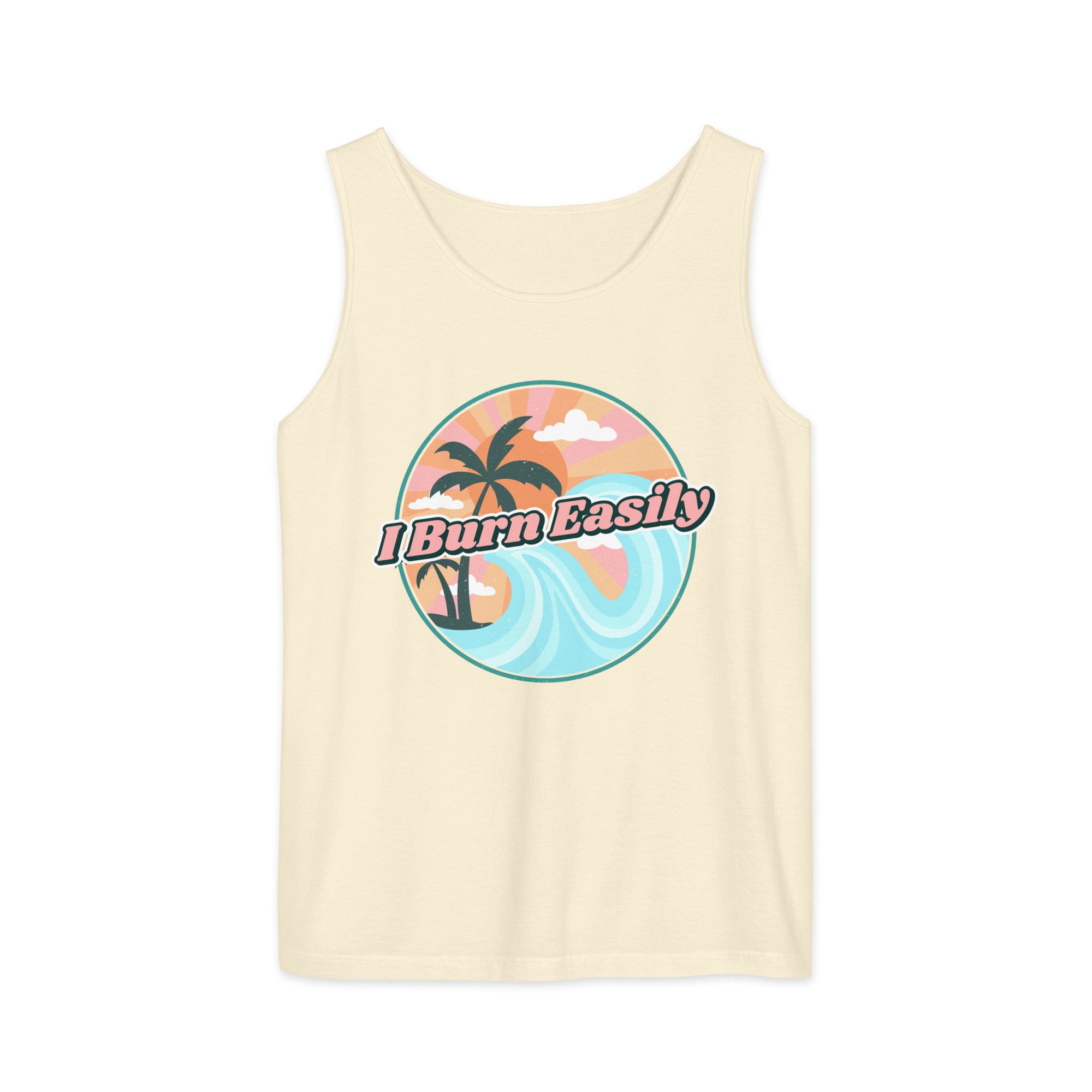 An ivory-colored tank top with an illustration of a beach landscape with waves and palm trees with the caption, "I burn easily".