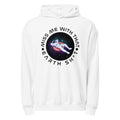 A white hoodie with an illustration of an astronaut floating on an inner tube with the caption, "Miss me with that Earth shit".