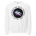 A white sweayshirt with an illustration of an astronaut floating on an inner tube with the caption, "Miss me with that Earth shit".