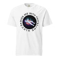 White t-shirt with an illustration of an astronaut floating on an inner tube with the caption "Miss me with that Earth shit".