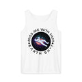 A white tank top with an illustration of an astronaut floating on an inner tube with the caption, "Miss me with that Earth shit".