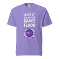 Purple t-shirt with an illustration of a disco ball with the caption "Leave it all on the dance floor".