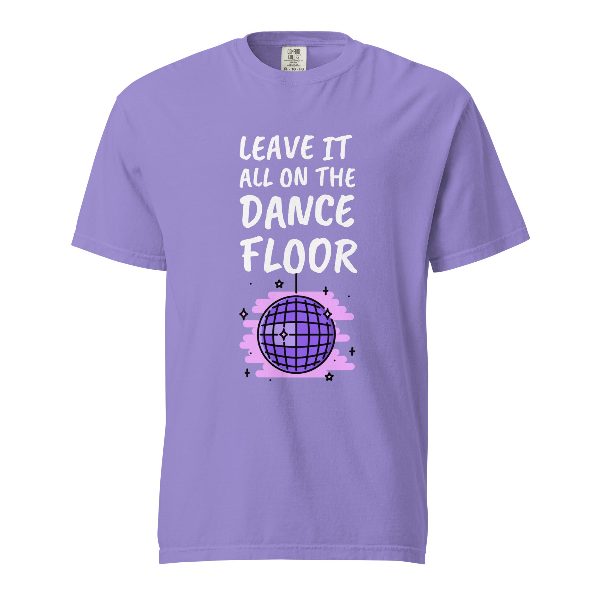 Purple t-shirt with an illustration of a disco ball with the caption "Leave it all on the dance floor".