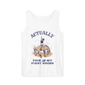 White tank top with an illustration of a cowboy riding a bucking horse with the caption "Actually, this IS my first rodeo".