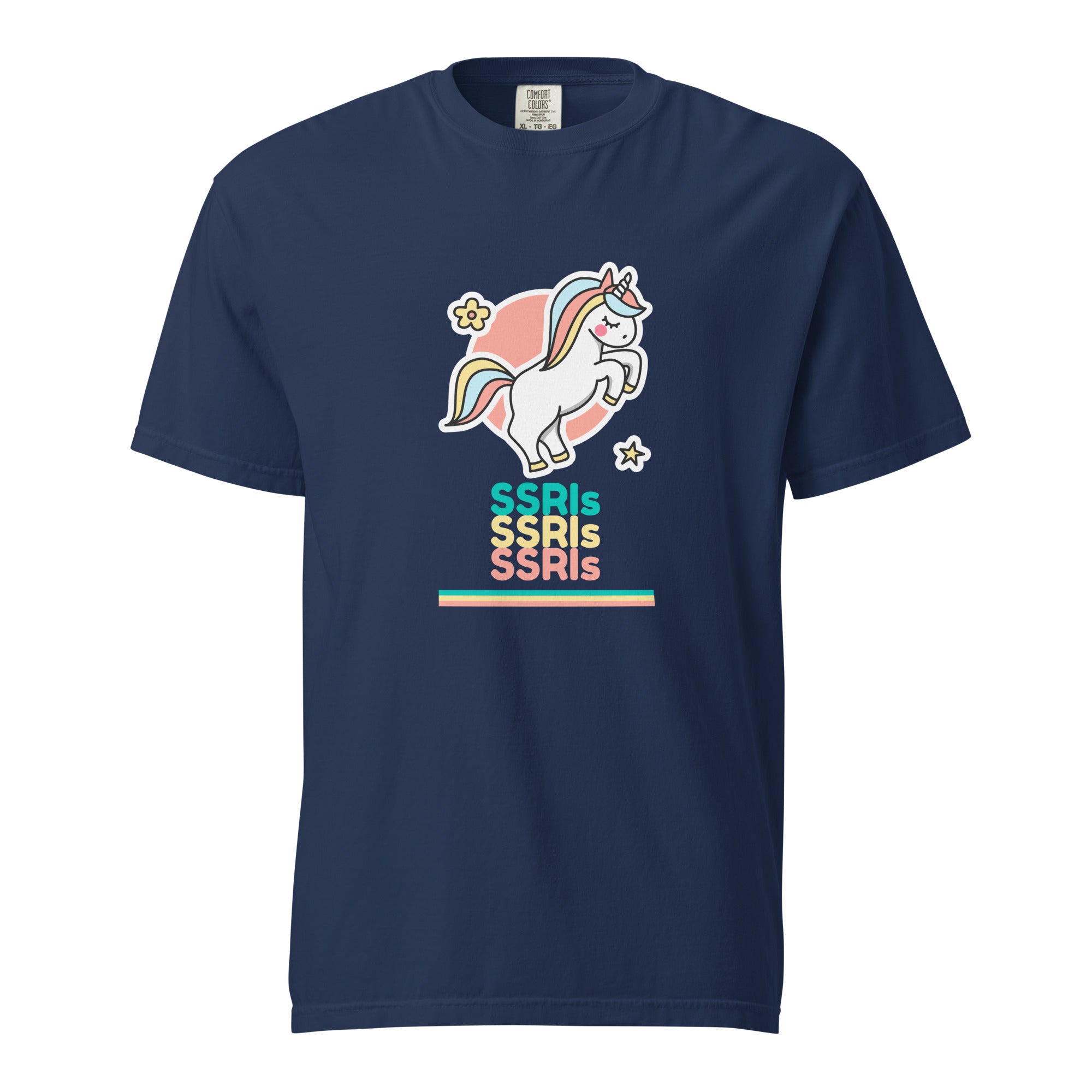 Navy tank top with an illustration of a colorful unicorn with the caption "SSRI" repeating.