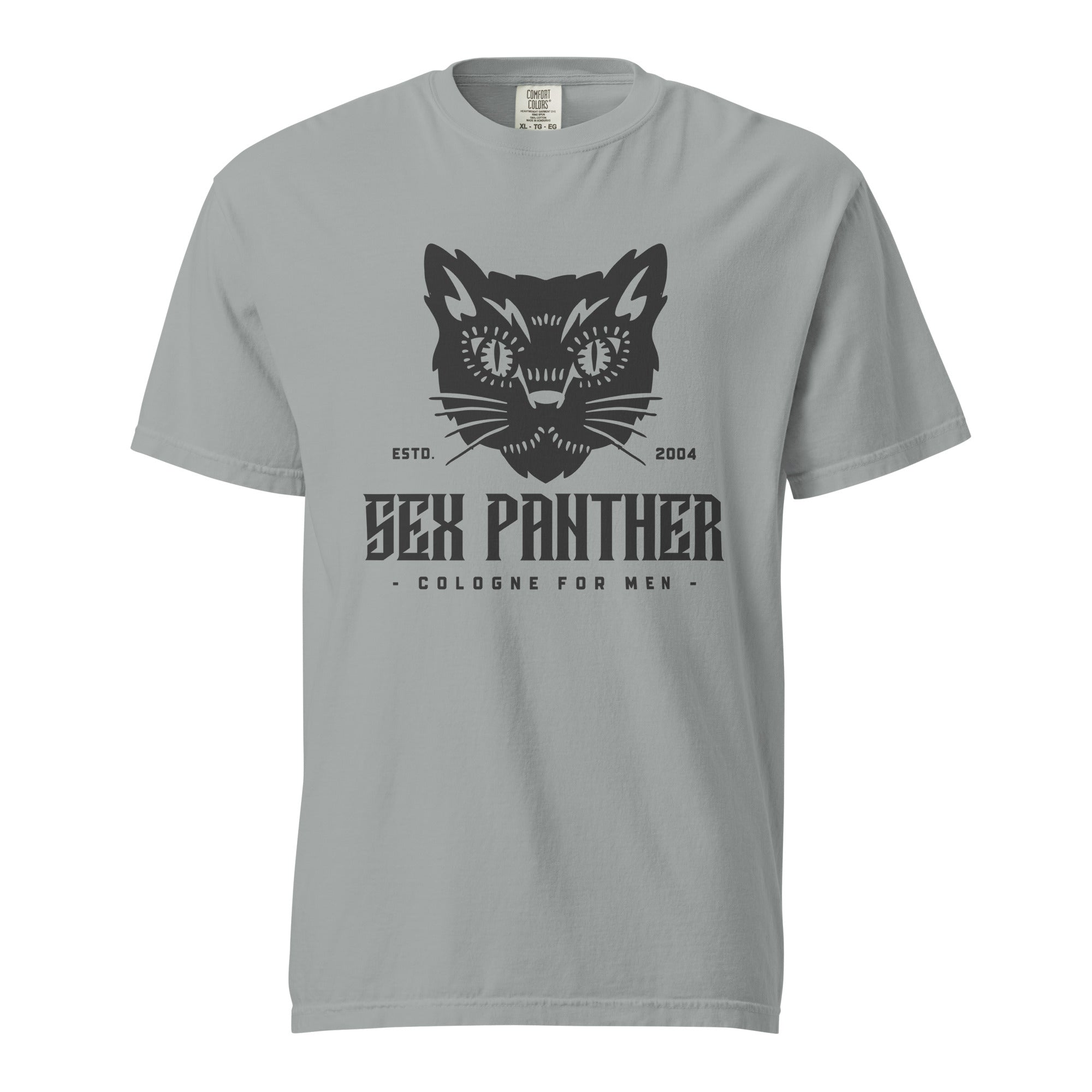 Black t-shirt with an illustration of a panther with the caption "Sex Panther - Cologne for Men".